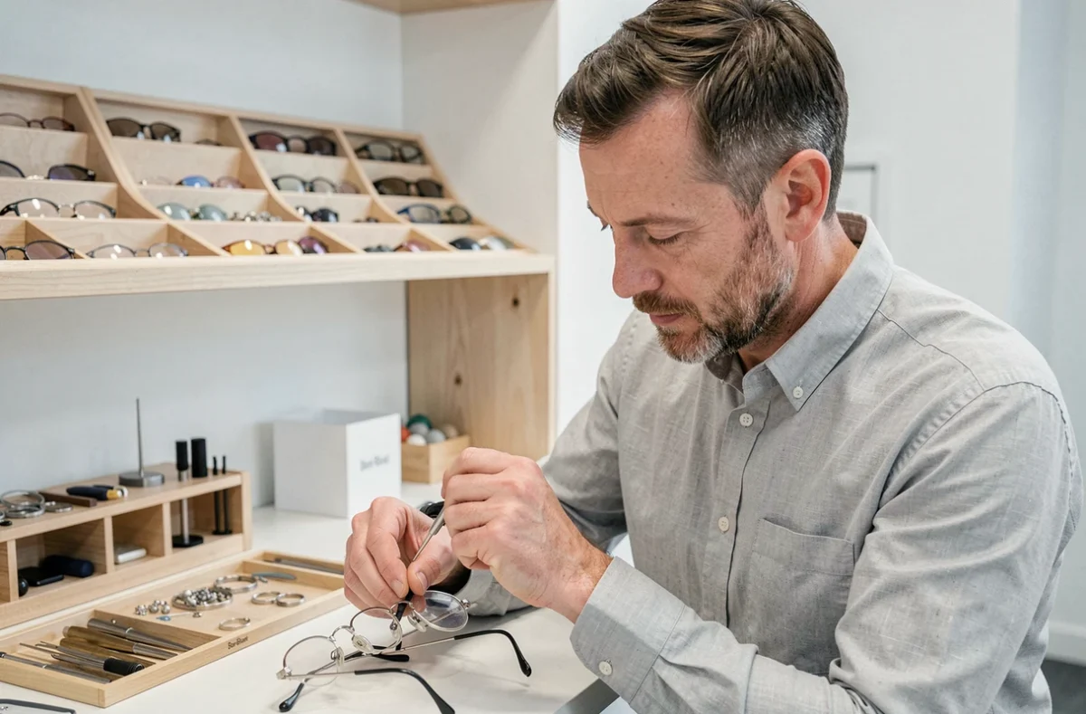 Opticien de Bore Riant ajustant avec pr&eacute;cision des montures en titane sur un &eacute;tabli d'atelier d'optique minimaliste