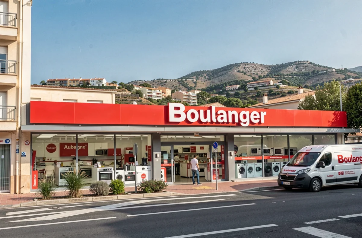 Magasin Boulanger Aubagne vu depuis la rue avec les collines provençales en arrière-plan