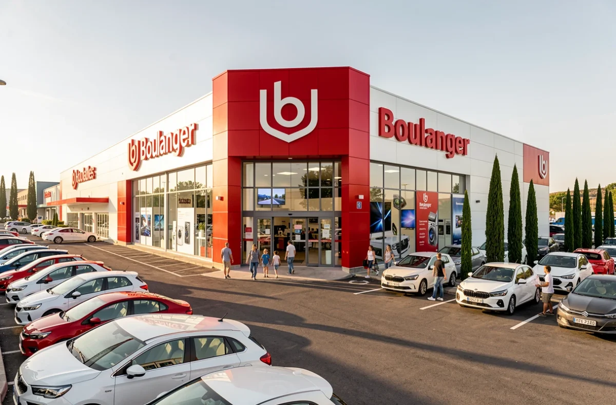 Façade du magasin Boulanger Grand Vitrolles avec son parking animé en zone commerciale provençale