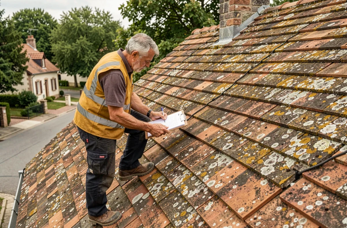 Couvreur de Bourgoin-Jallieu Couverture inspectant l'&eacute;tat d'une toiture en tuiles anciennes dans une maison de Bourgoin-Jallieu