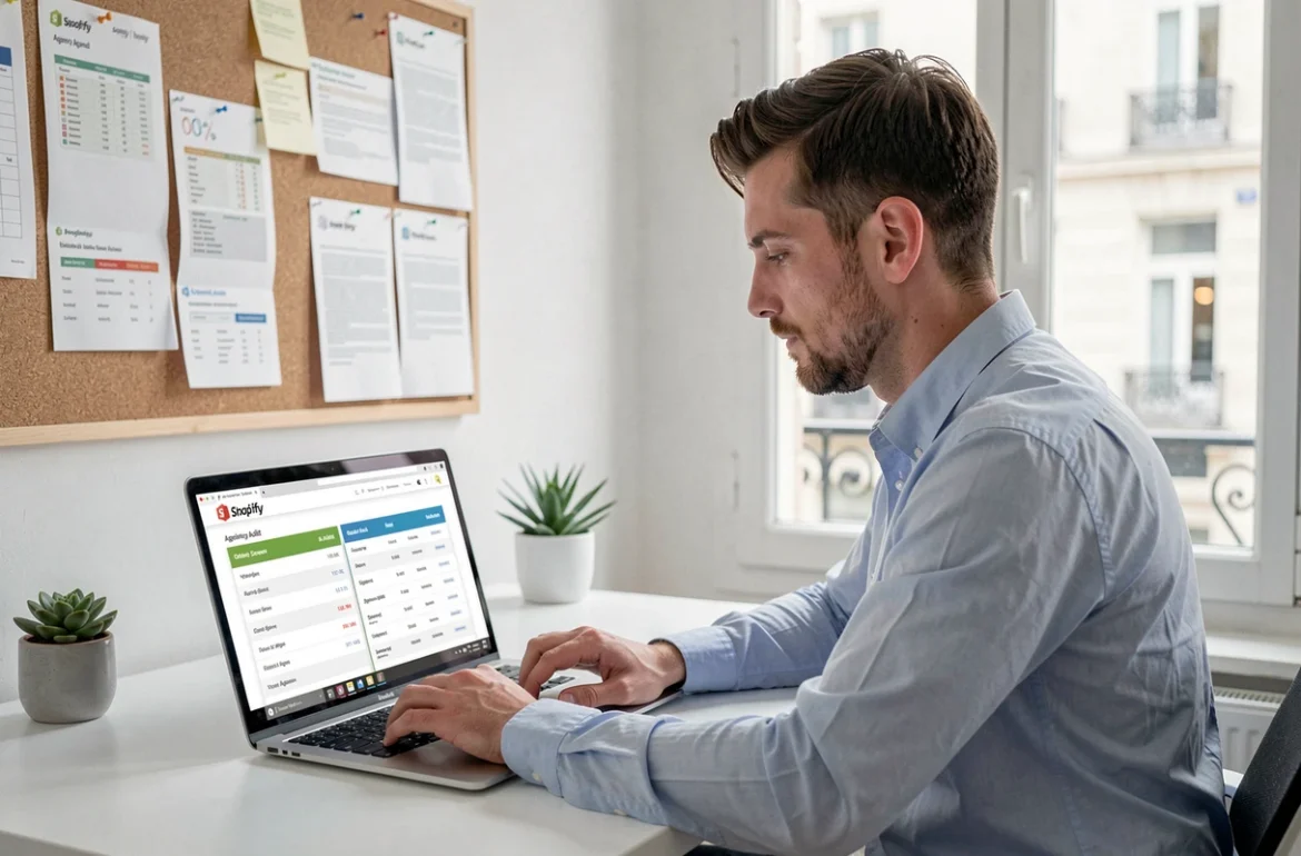 Analyste de Bridgeo réalisant un audit comparatif de différentes agences Shopify avec des fiches d'évaluation
