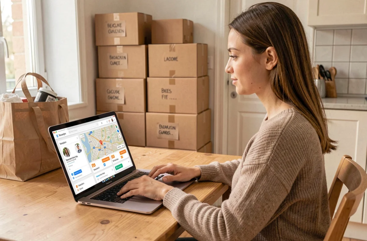 Jeune femme utilisant la plateforme collaborative Bring4You sur son ordinateur pour organiser son déménagement à Besançon