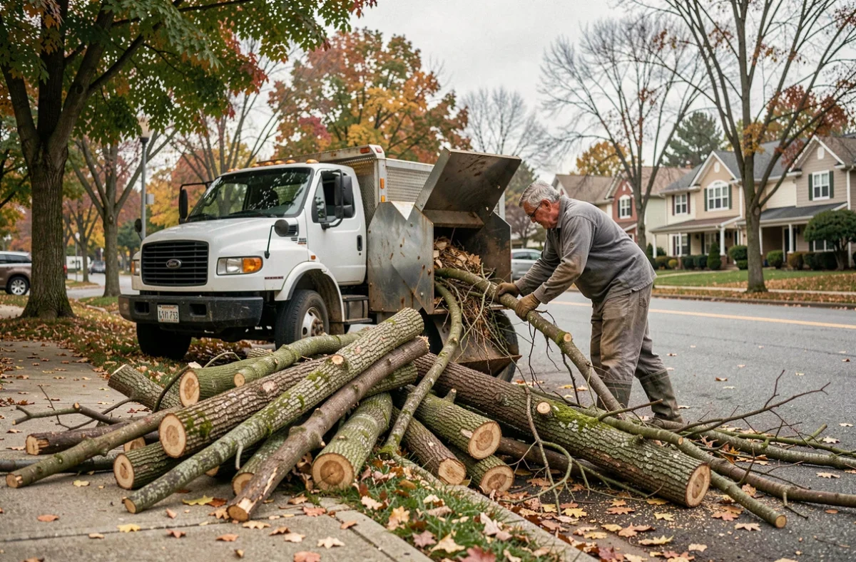 Ouvrier chargeant des branches coup&eacute;es dans un broyeur de v&eacute;g&eacute;taux apr&egrave;s &eacute;lagage d'arbres en bord de trottoir
