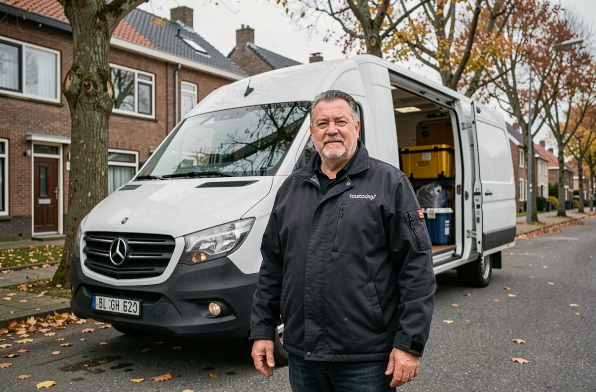 D&eacute;m&eacute;nageur exp&eacute;riment&eacute; de Bruno D&eacute;m&eacute;nagements devant un camion blanc dans une rue r&eacute;sidentielle de Tourcoing