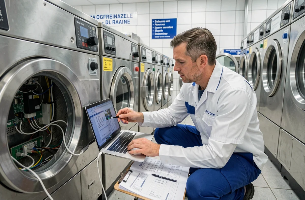 Technicien Btob Maintenance diagnostiquant une machine industrielle dans une laverie commerciale