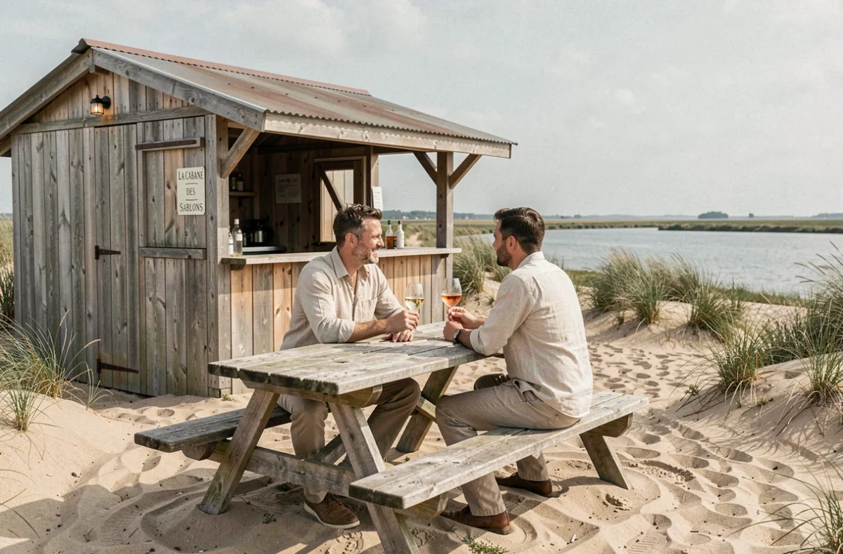 Couple profitant d'un verre en terrasse à La Cabane des Sablons avec vue sur l'estuaire