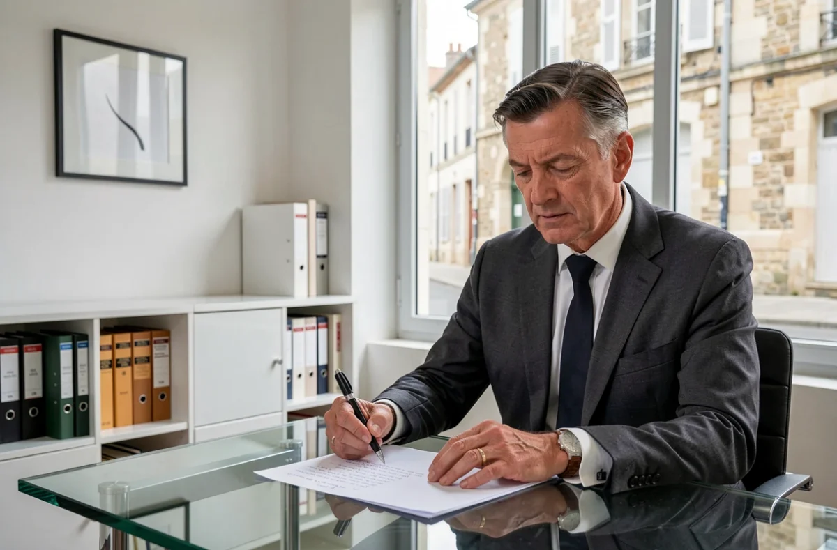Avocat du cabinet Armand Jagot-Lacoussière au barreau de Tours révisant des notes juridiques dans un bureau moderne