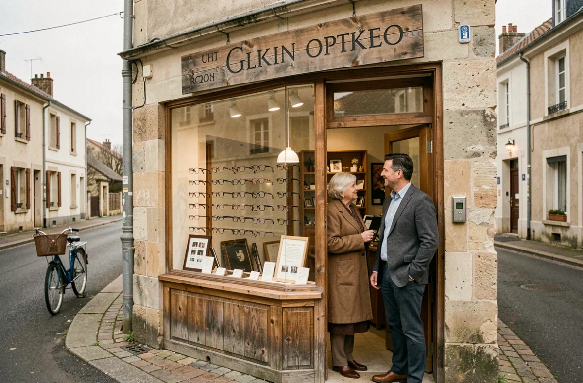 Fa&ccedil;ade de la boutique Caer Optic &agrave; Gravigny avec un opticien de quartier accueillant une cliente &acirc;g&eacute;e sur le pas de la porte