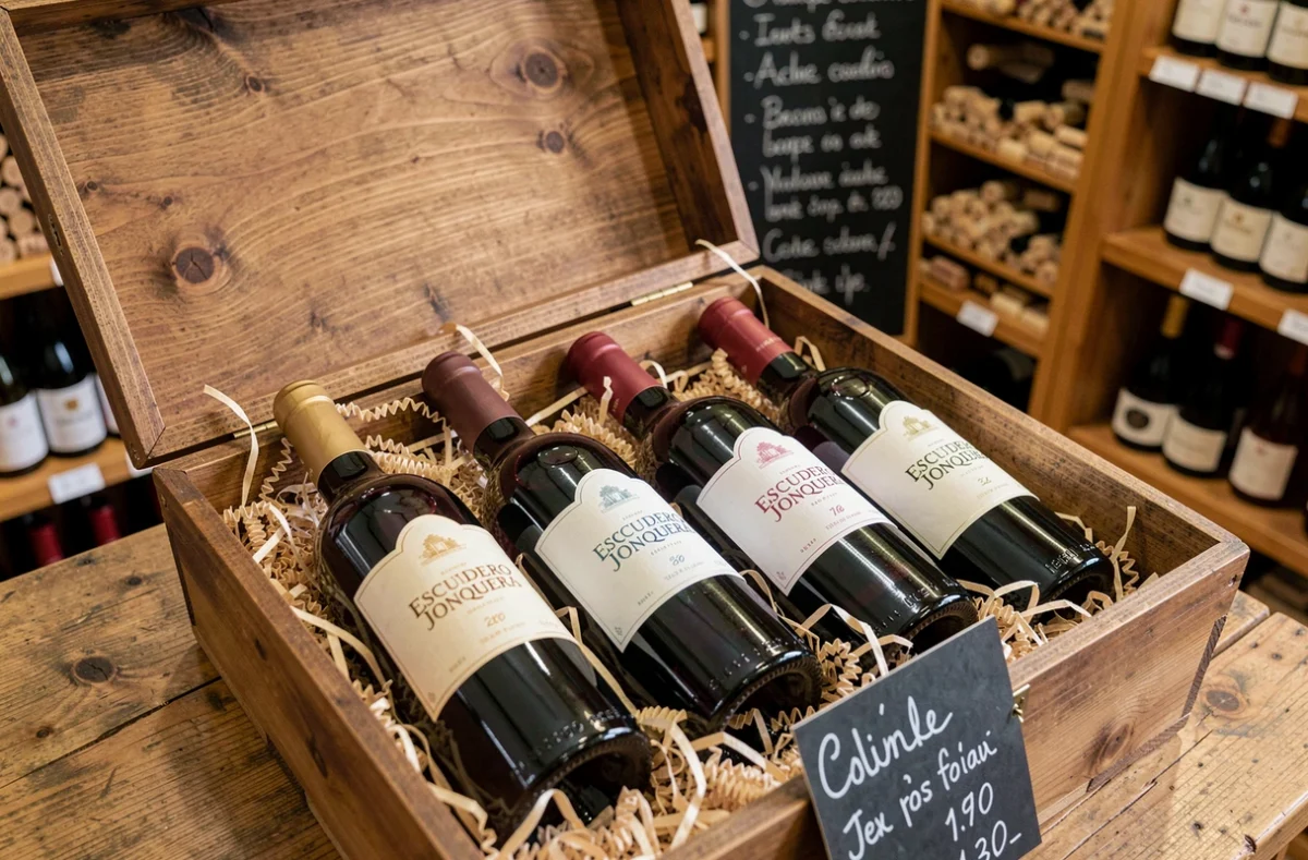 Caisse en bois ouverte de vin Escudero Jonquera avec &eacute;tiquette de prix dans une cave &agrave; vins fran&ccedil;aise