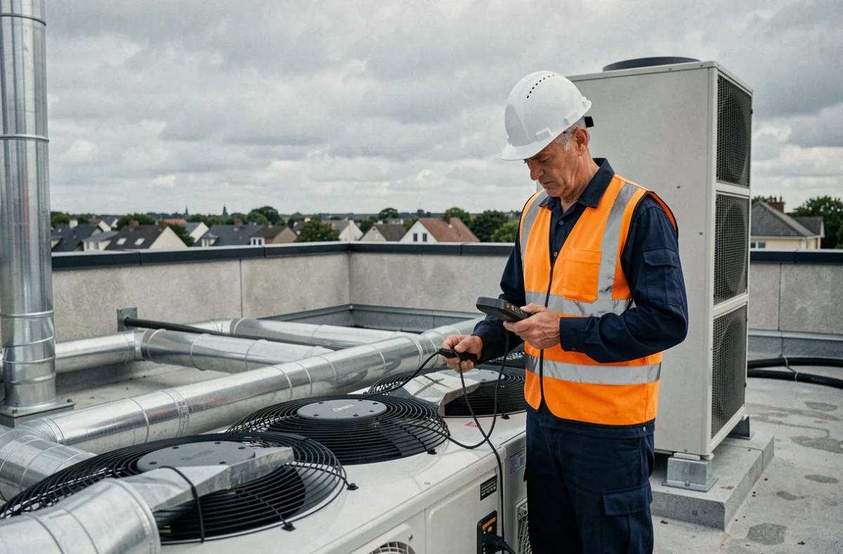 Spécialiste de CALOR ENERGIE inspectant une installation de pompe à chaleur commerciale sur un toit