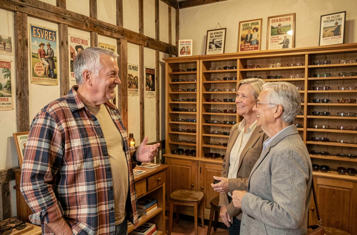 Le Carré des Opticiens à Esvres, un opticien accueillant chaleureusement un couple dans une charmante boutique de village