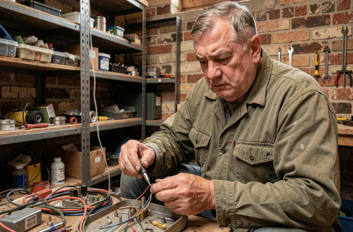 Michel Charre &eacute;lectricien soudant des connexions dans un local technique d'une propri&eacute;t&eacute; ard&eacute;choise