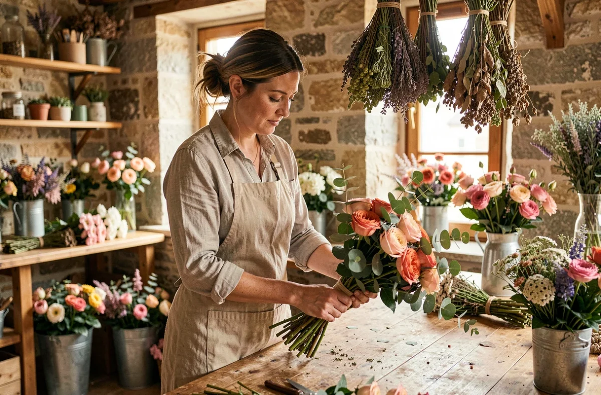 Fleuriste artisane de Chataigner Fleurs à Angers composant un bouquet de roses et d'eucalyptus sur un établi en bois