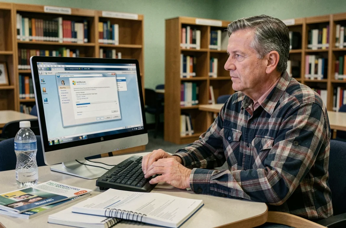 Homme &acirc;g&eacute; consultant les propri&eacute;t&eacute;s syst&egrave;me de Windows 7 dans une biblioth&egrave;que publique pour choisir entre version 32 et 64 bits