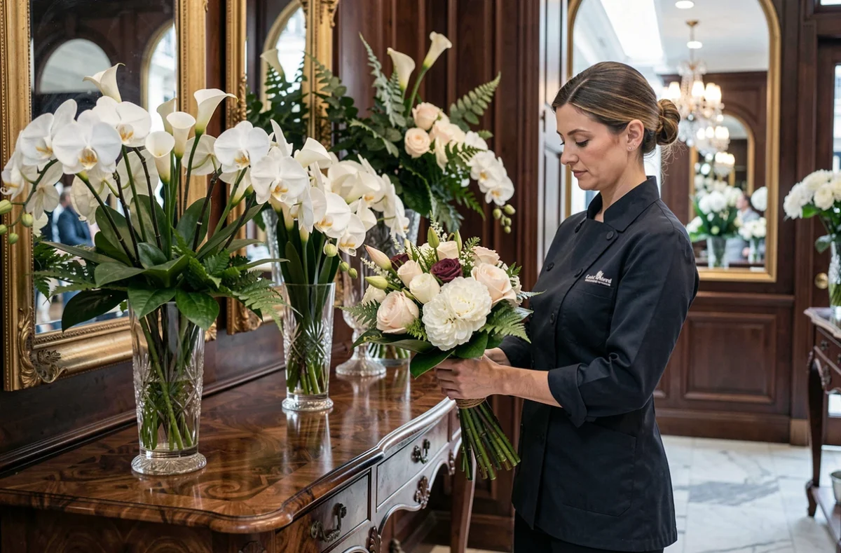 Int&eacute;rieur luxueux de Christian Morel Fleuriste Paris avec des orchid&eacute;es blanches et des lys calla dans des vases en cristal sur une console ancienne