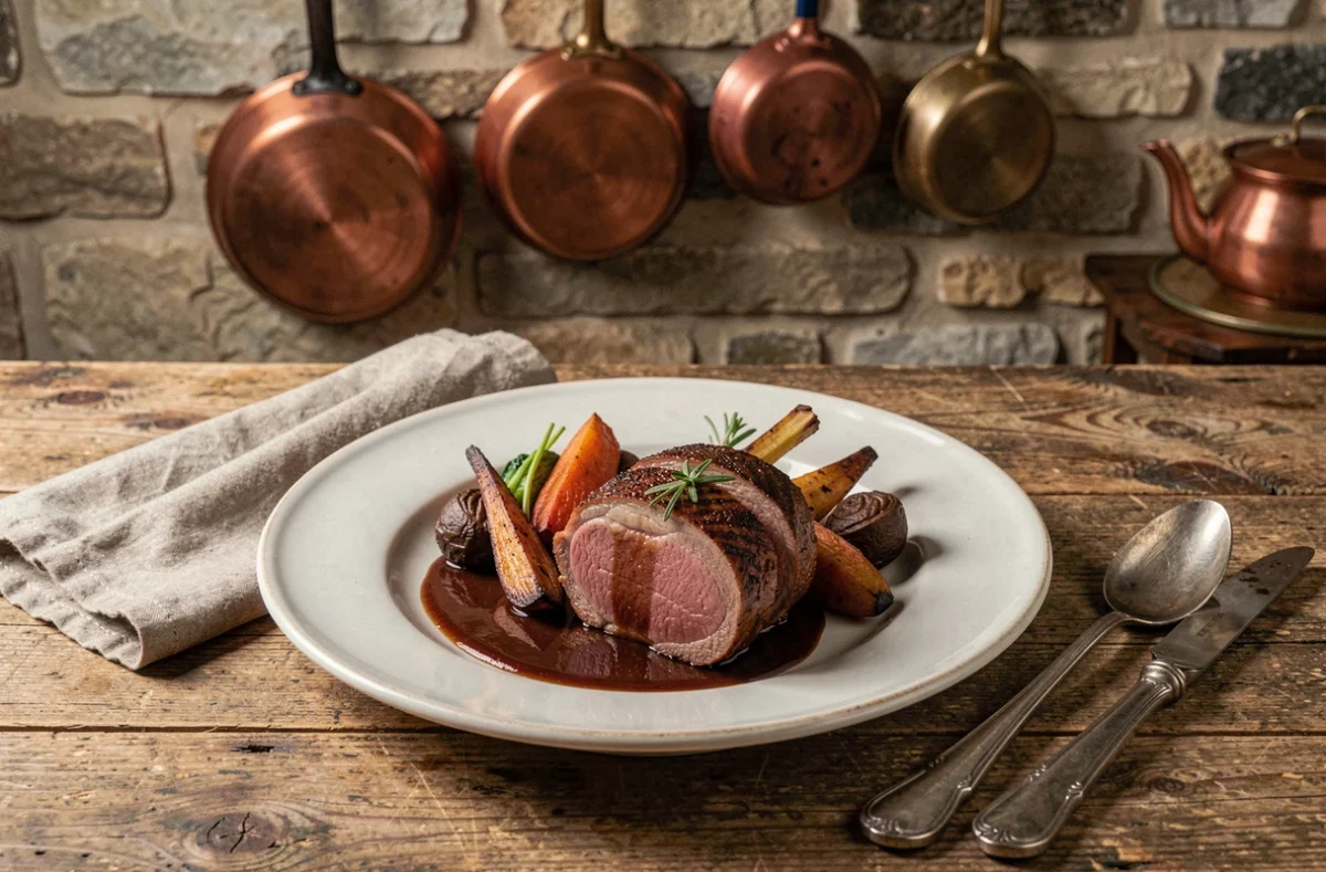 Assiette gastronomique de canard rôti soigneusement mise en scène dans un studio culinaire rustique à Rennes, illustrant le travail de Christophe Doucet photographe publicitaire et culinaire