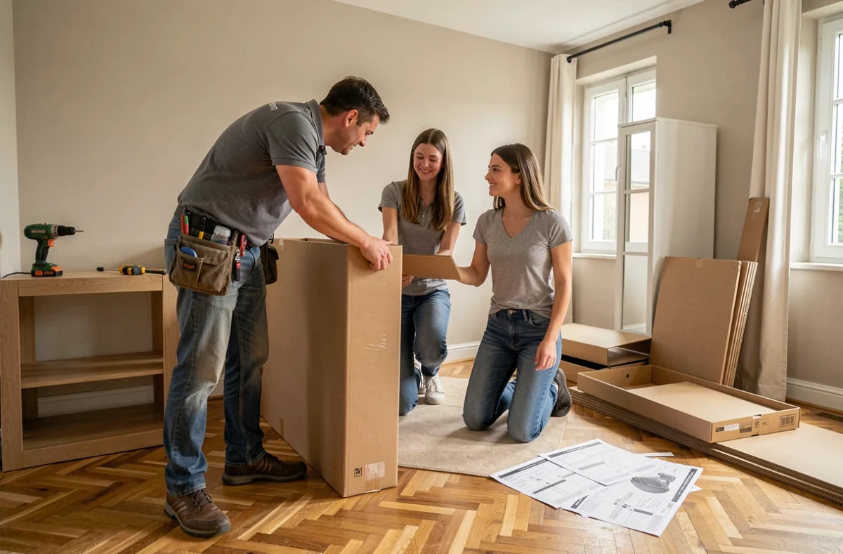 Professionnel de CHSERVICES aidant un couple à installer des meubles dans un appartement à Besançon