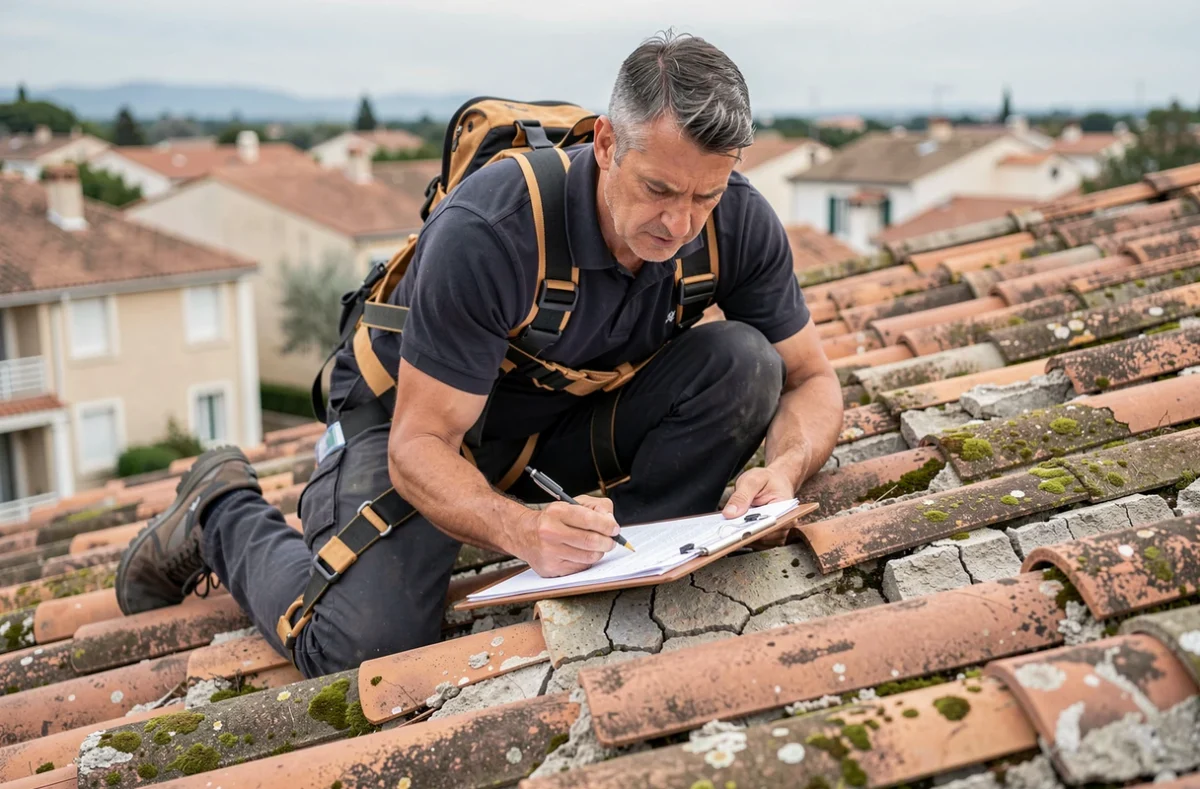 Couvreur expert réalisant un diagnostic de toiture endommagée sur une maison à Montpellier