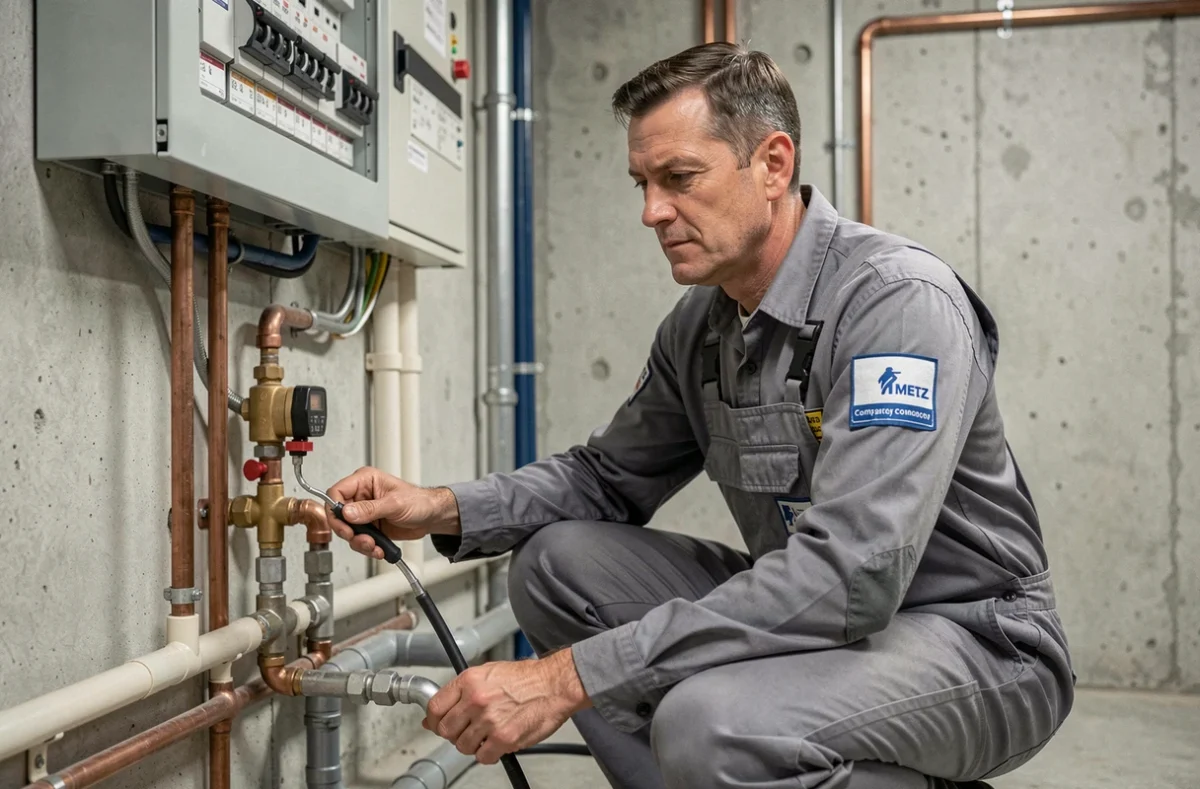 Technicien de CLM Elec Services raccordant plomberie et électricité dans une salle technique à Metz