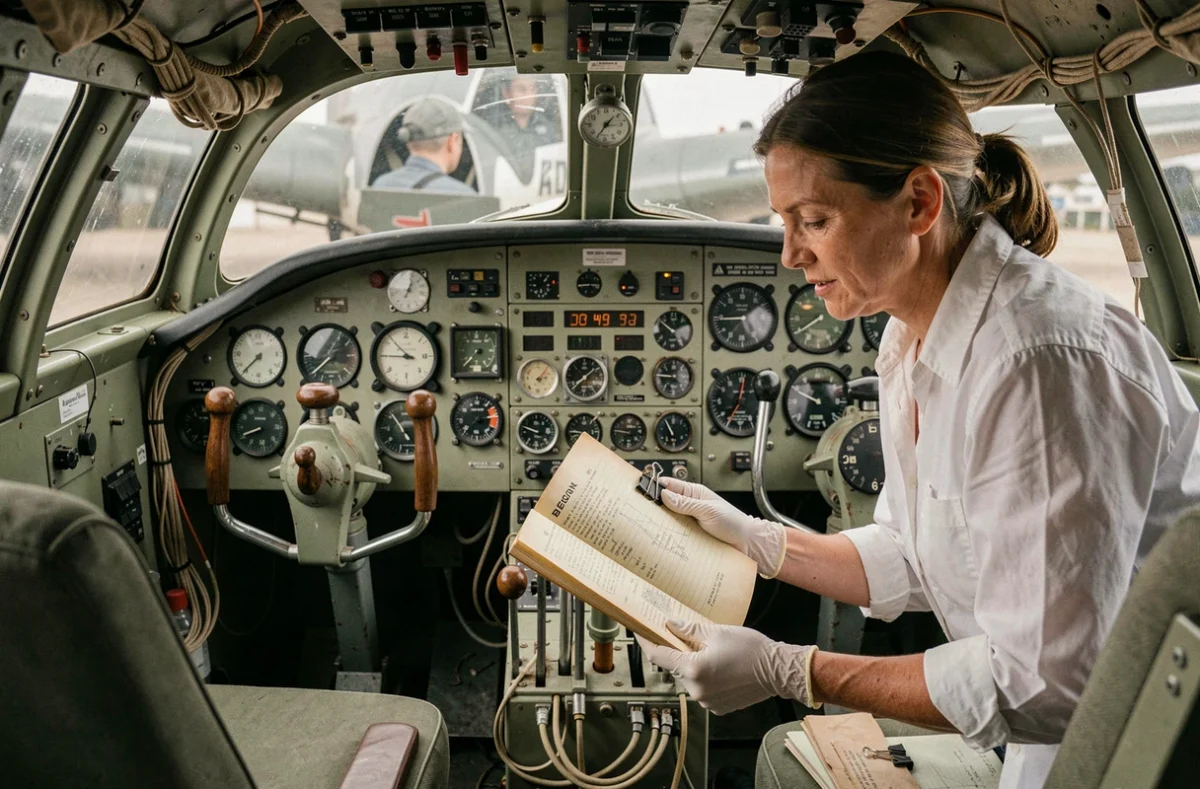 Spécialiste avionique restaurant les instruments d'époque dans le cockpit authentique d'un Boeing B-17F en cours de rénovation