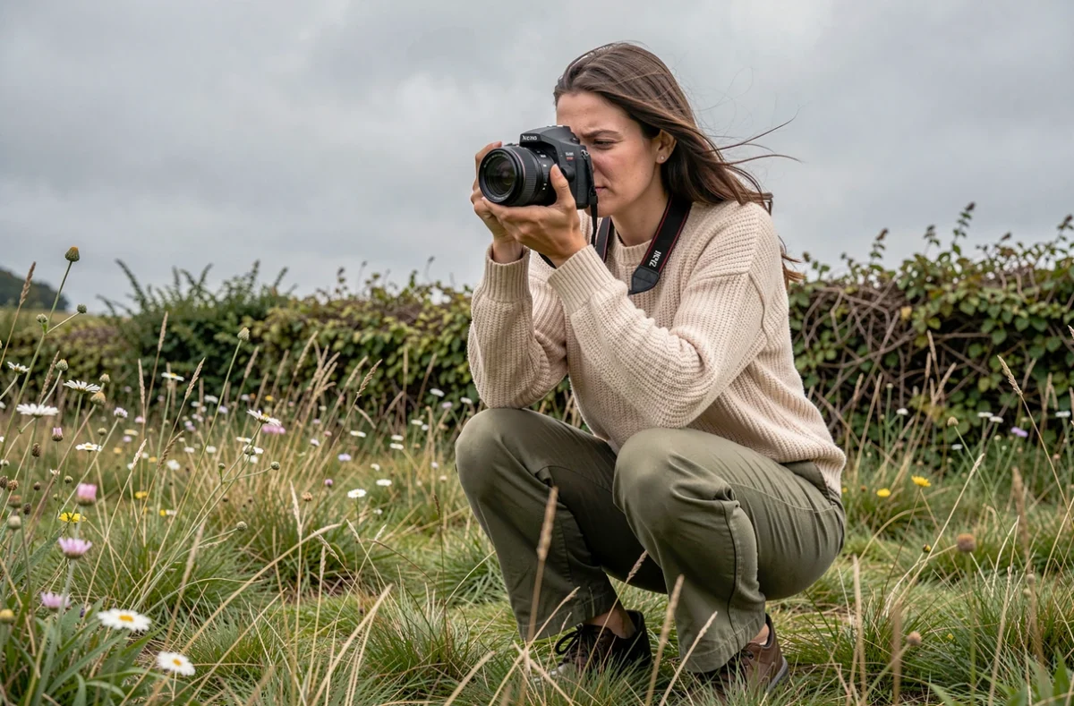 Photographe femme composant un cliché dans un champ verdoyant près de Bruz, illustrant le travail de terrain de Coline Aguirre photographe en Ille-et-Vilaine