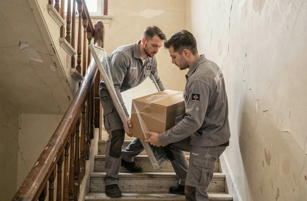 Deux d&eacute;m&eacute;nageurs Collen portant un miroir emball&eacute; dans l'escalier d'un immeuble normand