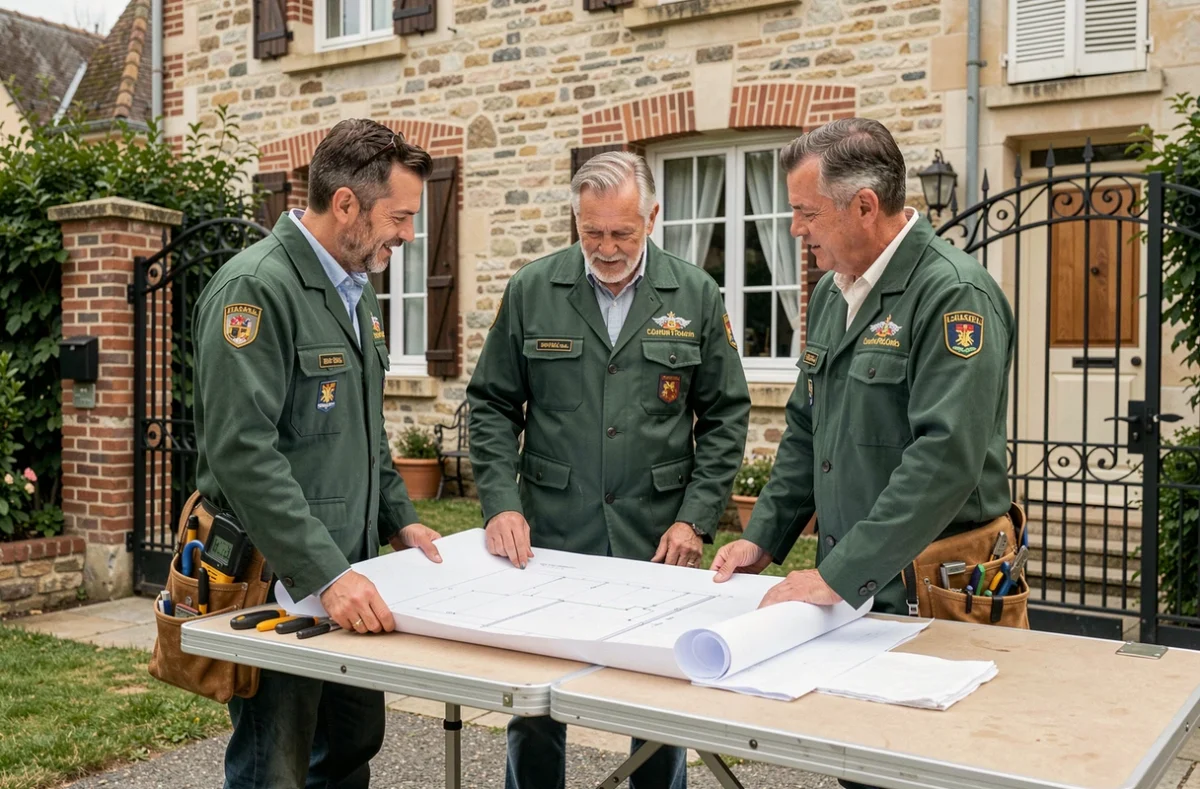 Réseau d'artisans Les Compagnons Alsaciens réunis autour d'un plan de chantier devant une maison d'Antony