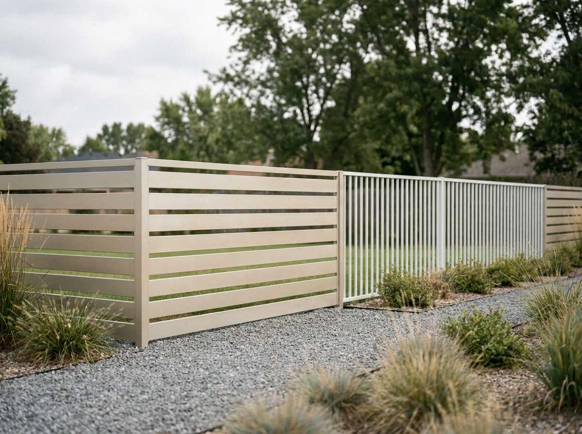 Comparaison de deux styles de cl&ocirc;tures aluminium sur mesure dans un jardin contemporain avec barreaux horizontaux et verticaux