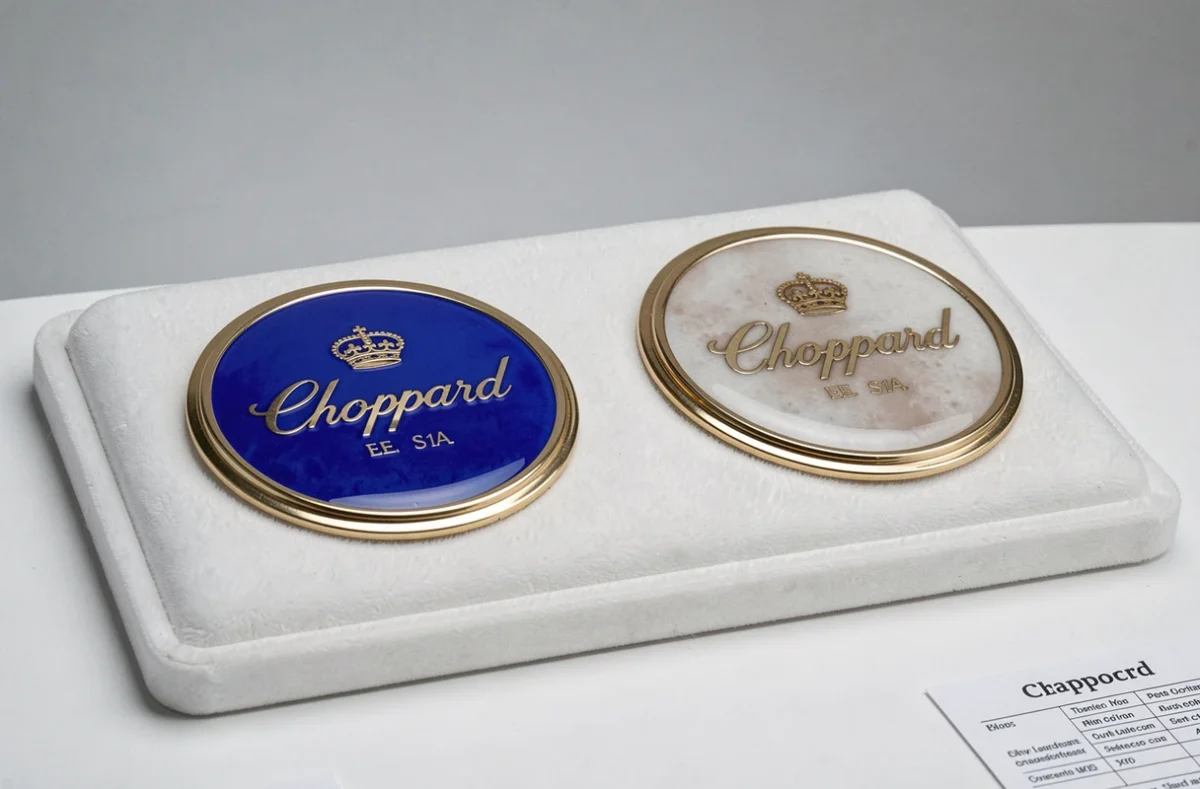 Comparaison c&ocirc;te &agrave; c&ocirc;te d'une vraie plaque &eacute;maill&eacute;e Chopard et d'une reproduction pour identifier les diff&eacute;rences