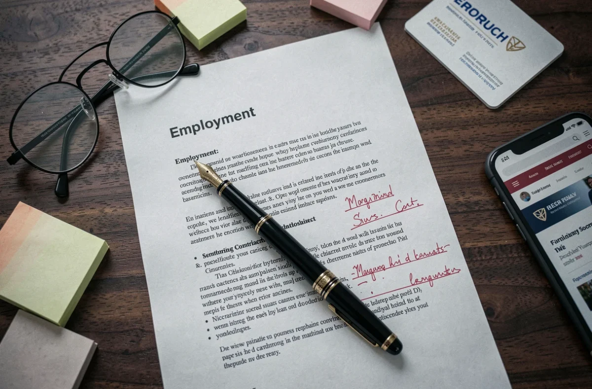 Contrat de travail annoté avec clauses suspectes sur un bureau de cabinet juridique