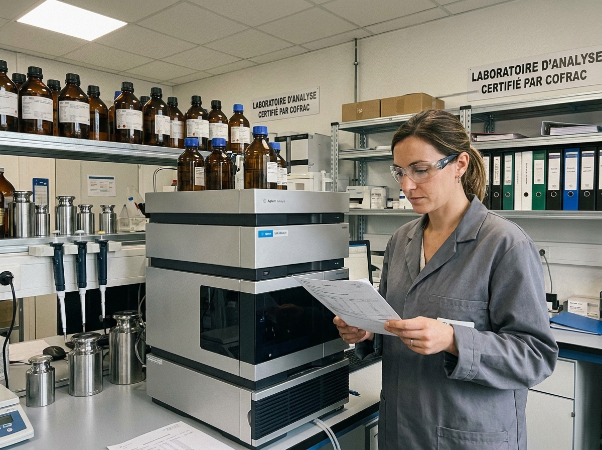 Inspectrice qualit&eacute; analysant les r&eacute;sultats de contr&ocirc;le d'un e-liquide fran&ccedil;ais dans un laboratoire analytique certifi&eacute;