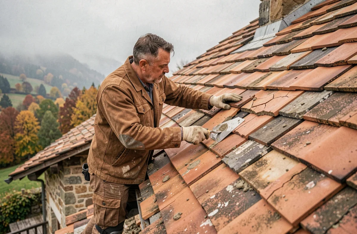 Artisan de Copep's Charpente Couverture rempla&ccedil;ant des tuiles en terre cuite sur une maison de village en Is&egrave;re