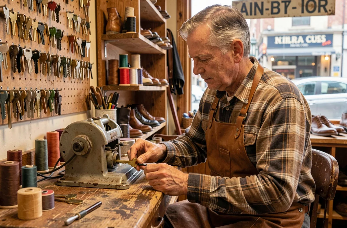 Artisan de la Cordonnerie Rollin en train de dupliquer une clé en laiton sur une machine traditionnelle dans son atelier