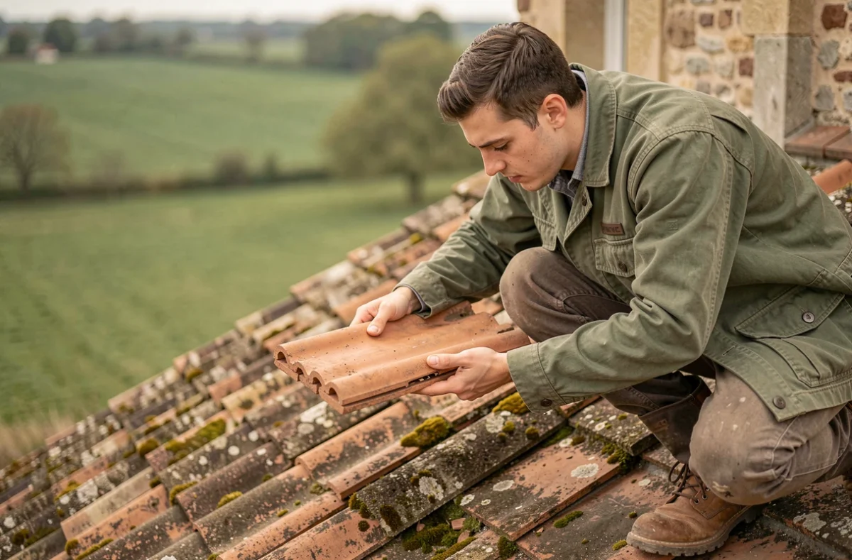 Artisan couvreur JDF95 inspectant des tuiles sur une maison en Val-d'Oise