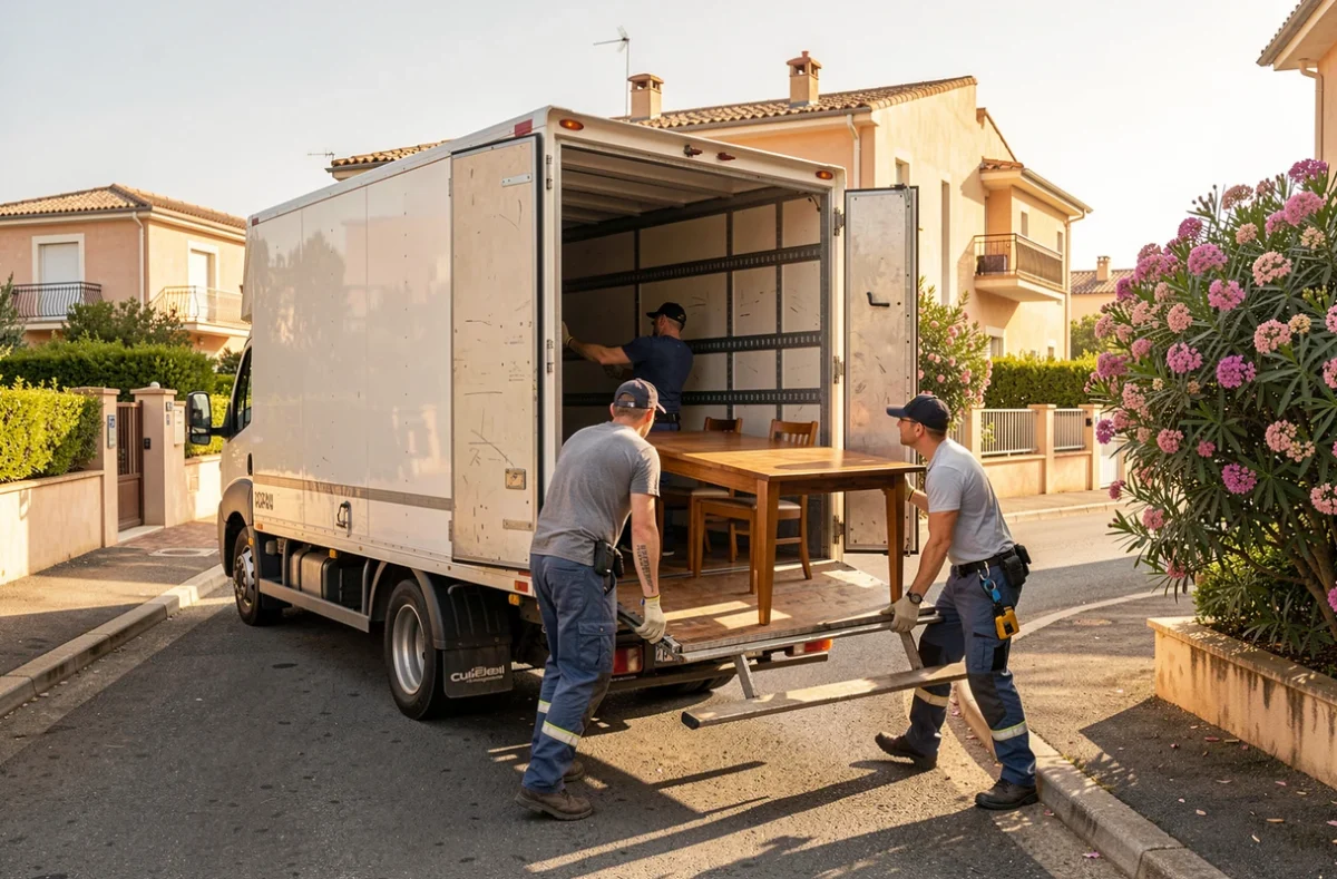 Équipe Cullell Déménagements chargeant une table dans un camion de déménagement à Montpellier