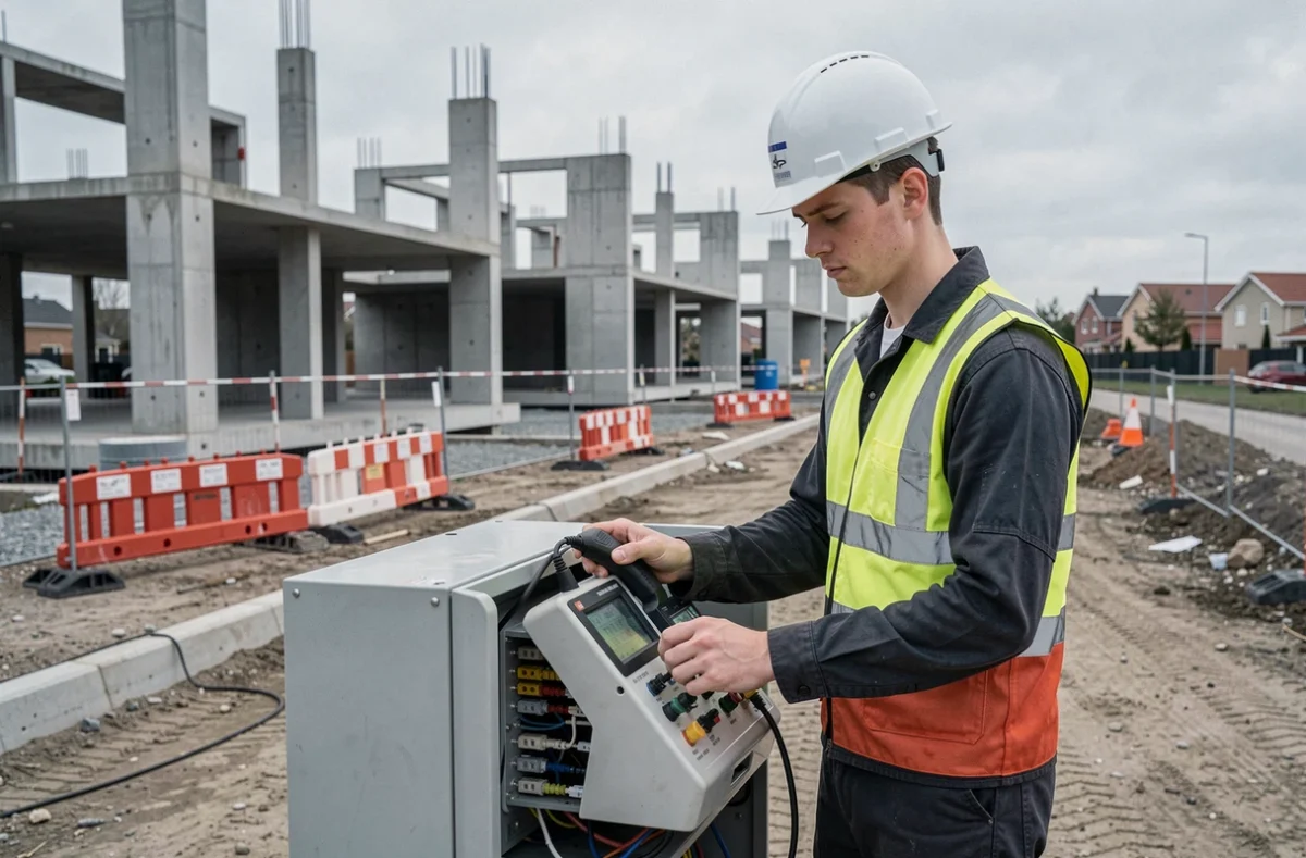 Technicien DACEO effectuant des tests &eacute;lectriques sur un chantier de construction &agrave; Pessac