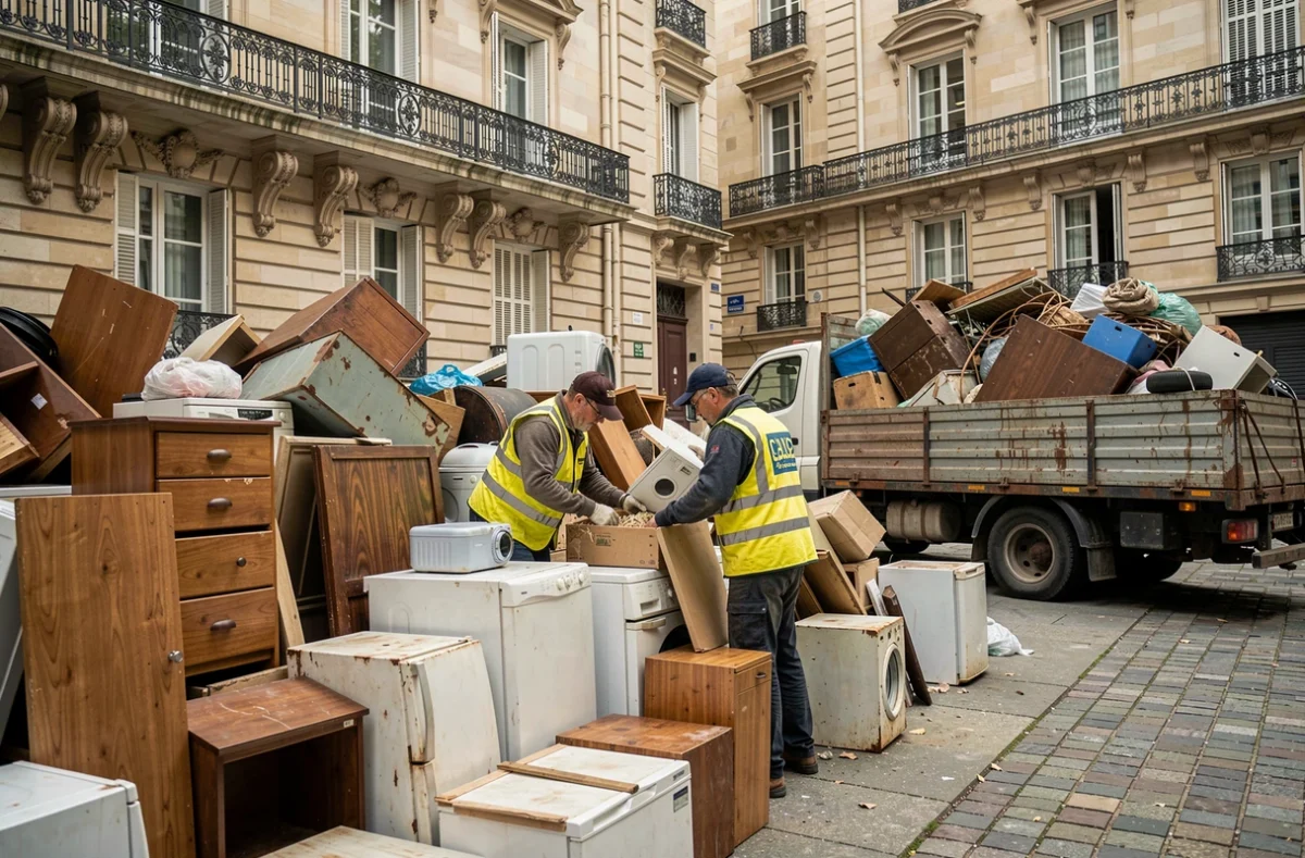 Deux agents de D&eacute;barras Int&eacute;gral Paris triant des objets dans la cour d'un immeuble haussmannien