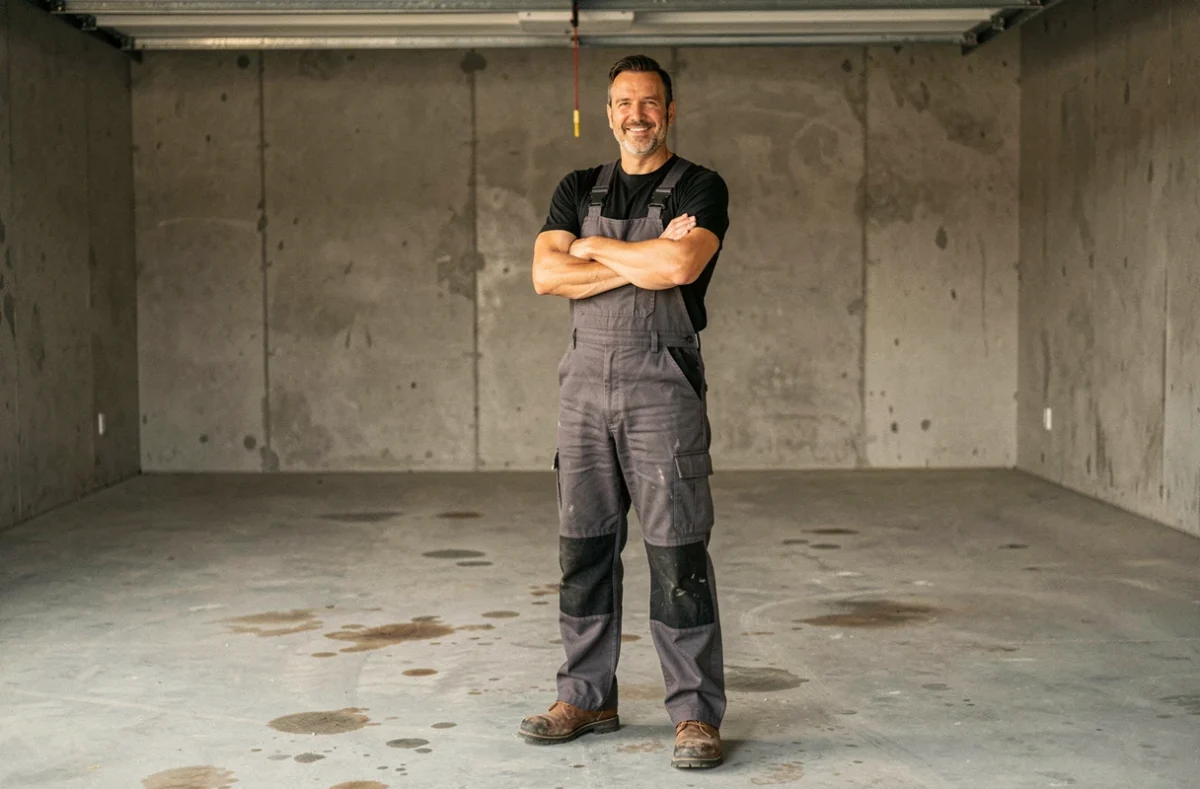 Agent de D&eacute;barras Total posant devant un garage enti&egrave;rement vid&eacute; et nettoy&eacute;