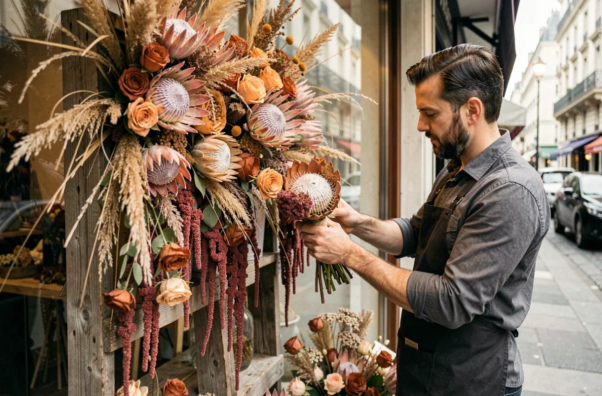 Arrangement floral avant-gardiste de Debeaulieu avec des prot&eacute;as, gramin&eacute;es s&eacute;ch&eacute;es et roses dans une vitrine parisienne &agrave; l'esth&eacute;tique botanique