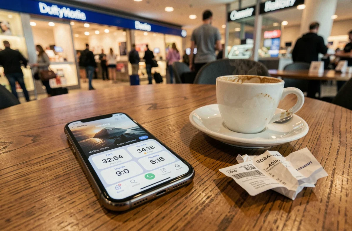 Smartphone affichant le décalage horaire entre Paris et Nouméa sur une table de café d'aéroport