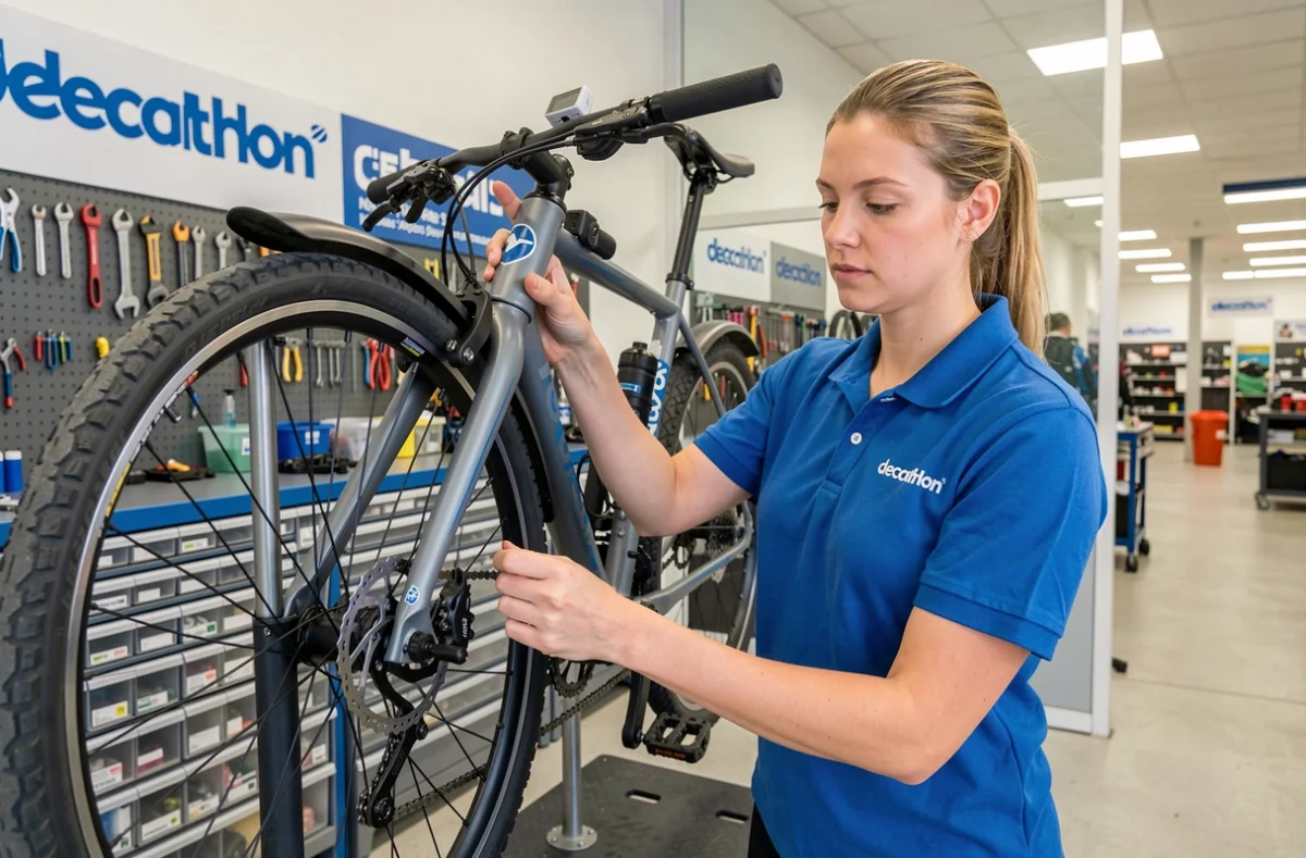 Technicienne Decathlon Nantes Atlantis ajustant le d&eacute;railleur d'un v&eacute;lo de randonn&eacute;e &agrave; Saint-Herblain