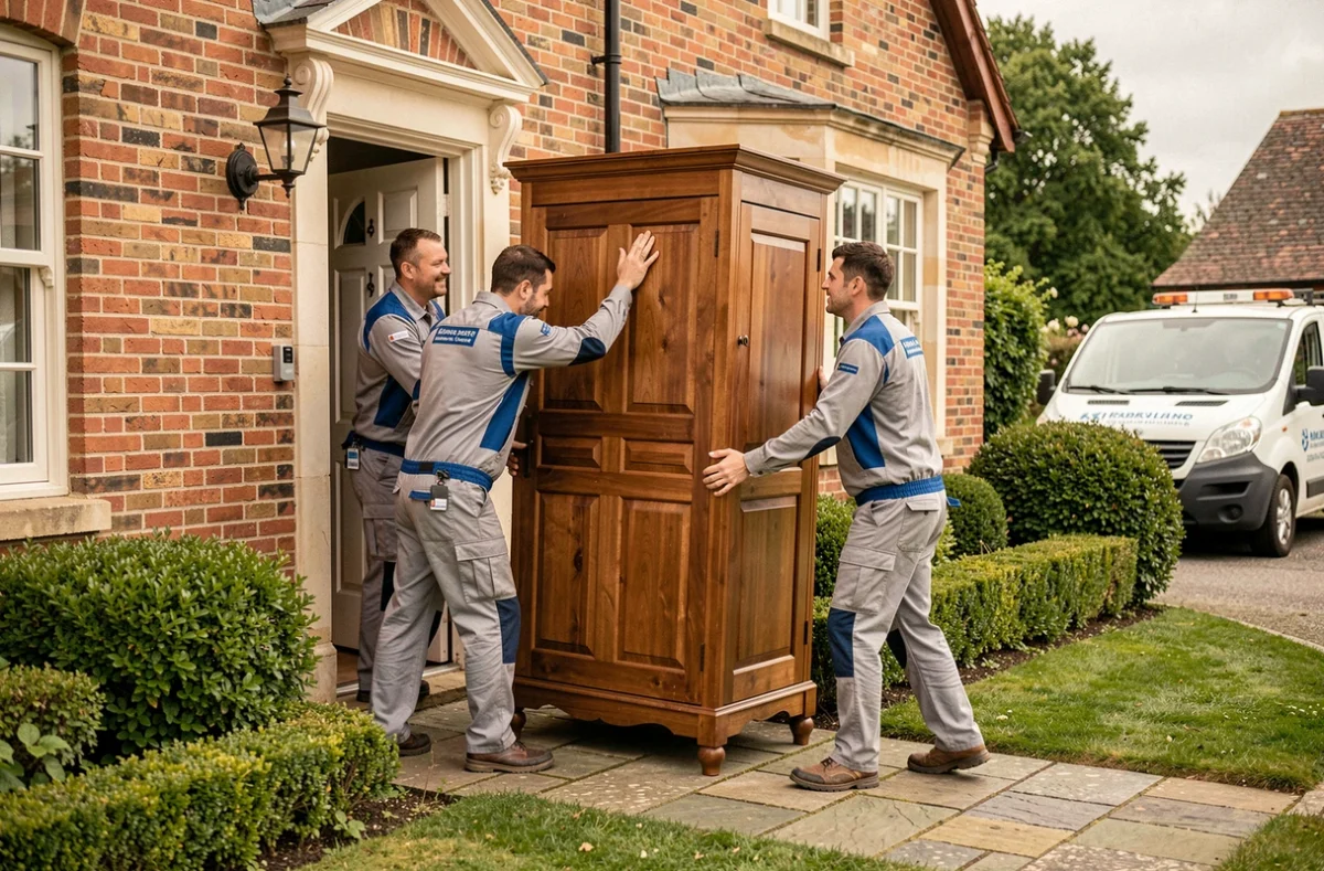 &Eacute;quipe de d&eacute;m&eacute;nageurs Germain man&oelig;uvrant une armoire dans une maison normande en briques