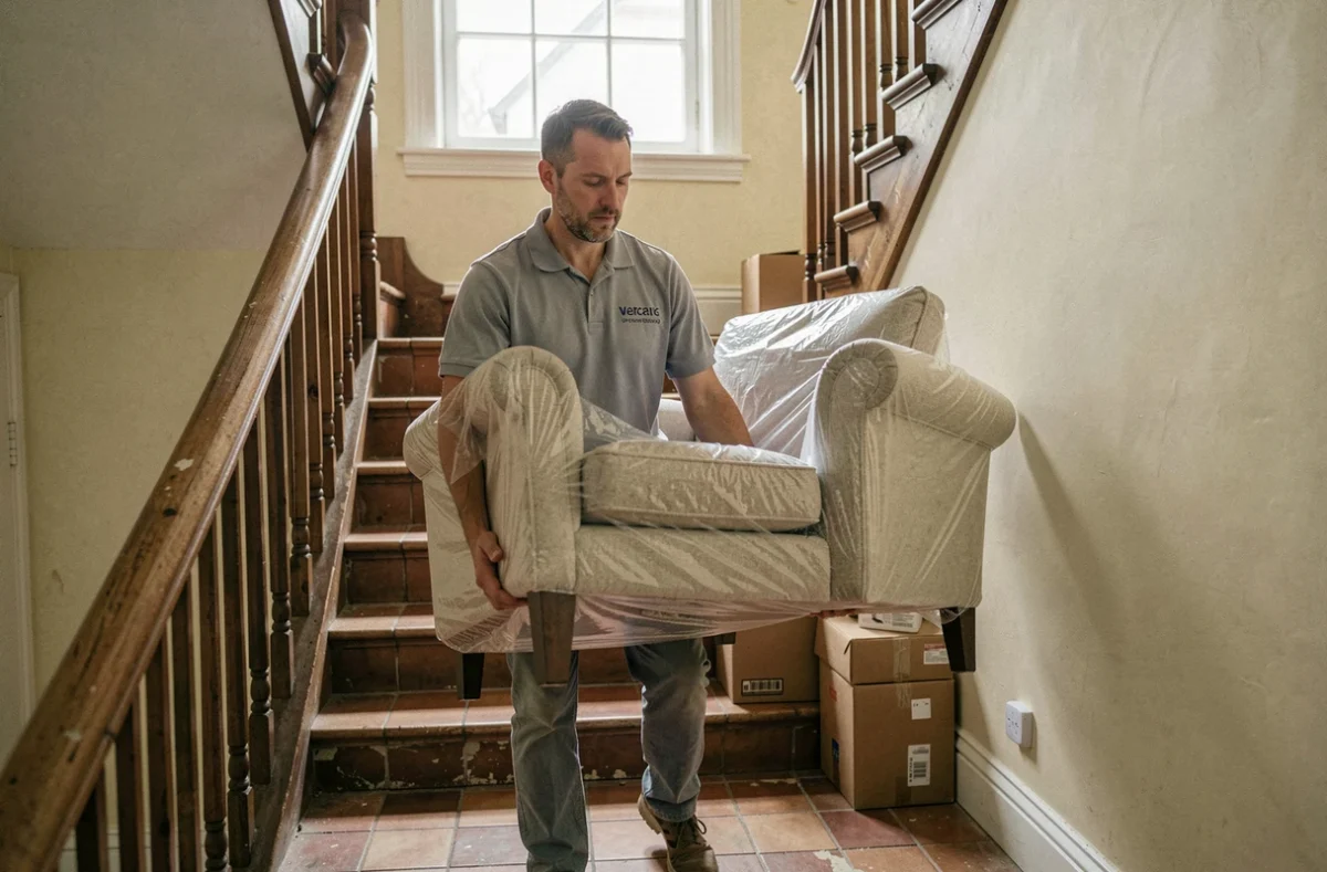 D&eacute;m&eacute;nageur Leveque portant un fauteuil emball&eacute; dans l'escalier d'une maison en brique du Nord