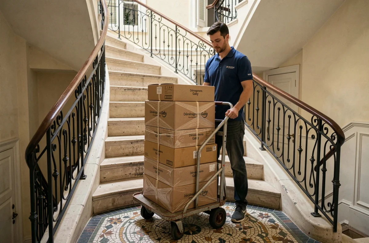 Employé Déménagements Gaby empilant des cartons dans l'escalier d'un immeuble montpelliérain