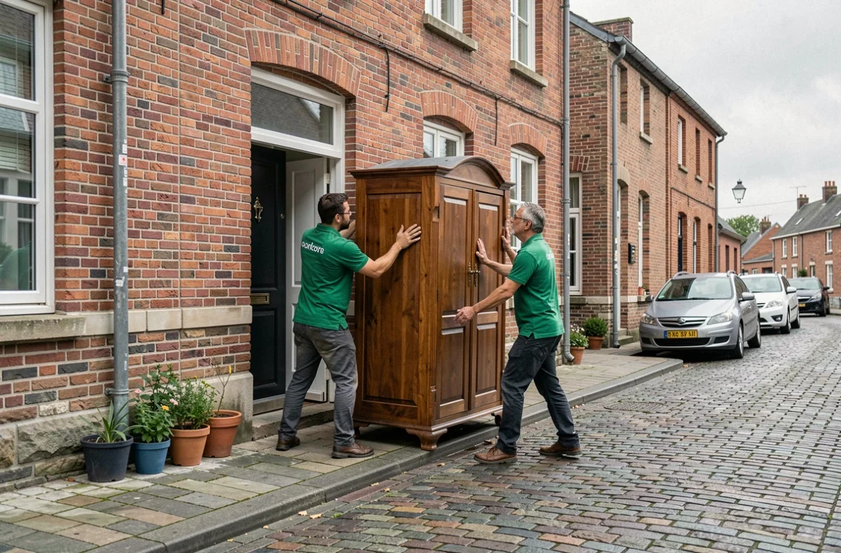 Deux d&eacute;m&eacute;nageurs Grimonpont man&oelig;uvrant une armoire &agrave; travers la porte d'une maison en brique &agrave; Tourcoing