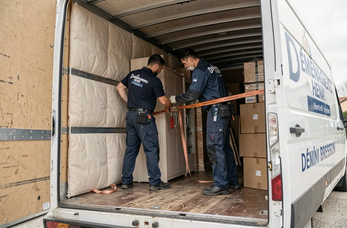 Technicien Déménagements Henri Bresson fixant une armoire dans un camion de déménagement à Montpellier