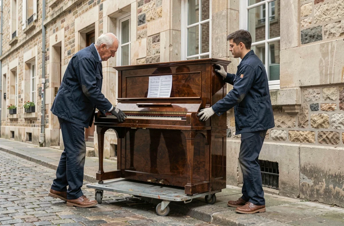 Un d&eacute;m&eacute;nageur senior et son fils assistant chargeant un piano droit vintage sur un diable sp&eacute;cialis&eacute; devant une maison de ville angevine