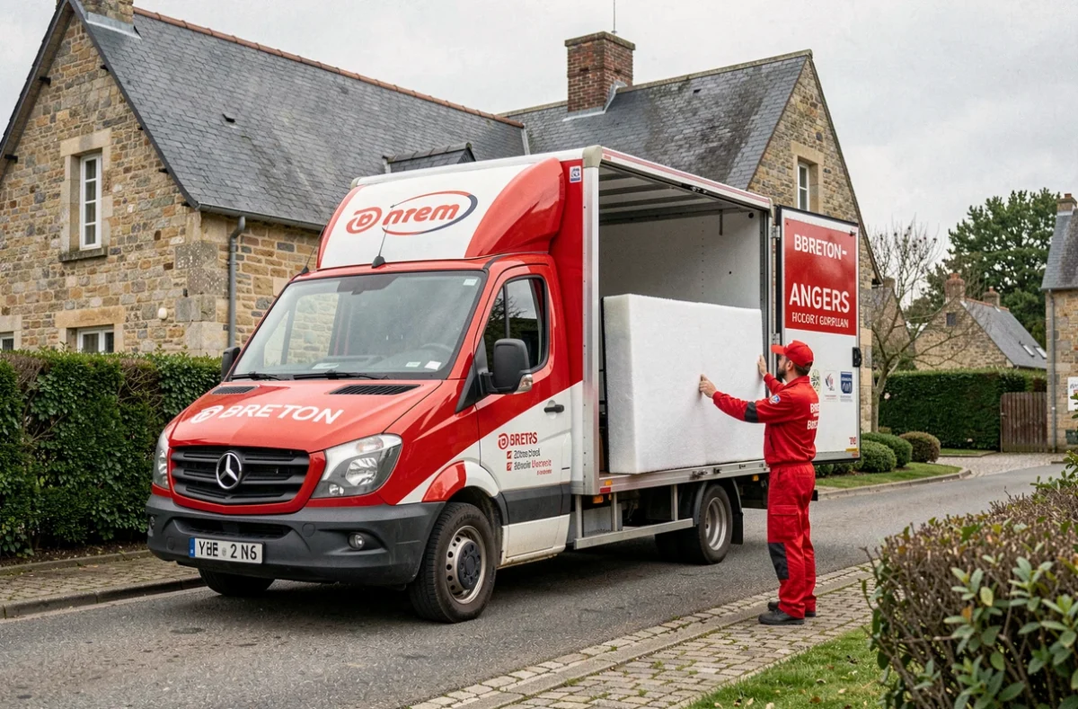 Camion des D&eacute;m&eacute;nageurs Bretons en livr&eacute;e rouge et blanc gar&eacute; devant une maison en pierre angevine, d&eacute;chargement d'une t&eacute;l&eacute;vision prot&eacute;g&eacute;e