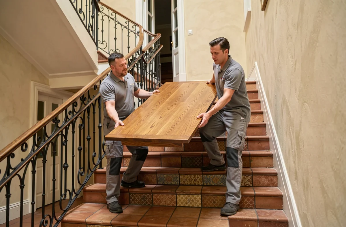 Deux d&eacute;m&eacute;nageurs en uniforme gris portant une grande table en ch&ecirc;ne massif dans l'escalier d'un immeuble angevin avec rampe en fer forg&eacute;