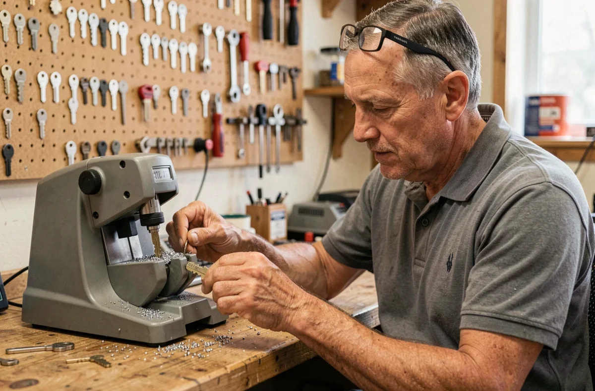 Denis Maillard serrurier r&eacute;alisant la duplication d'une cl&eacute; de s&eacute;curit&eacute; sur une machine de pr&eacute;cision dans son atelier